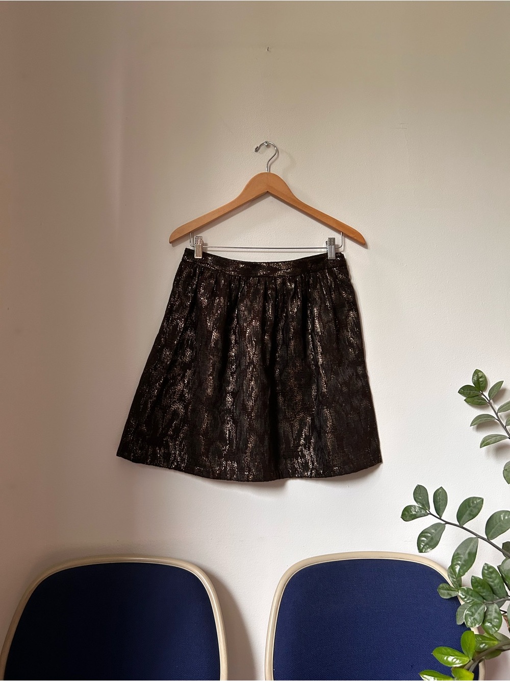 STEVEN ALAN - Black and Gold Jacquard Metallic A-Line Skirt